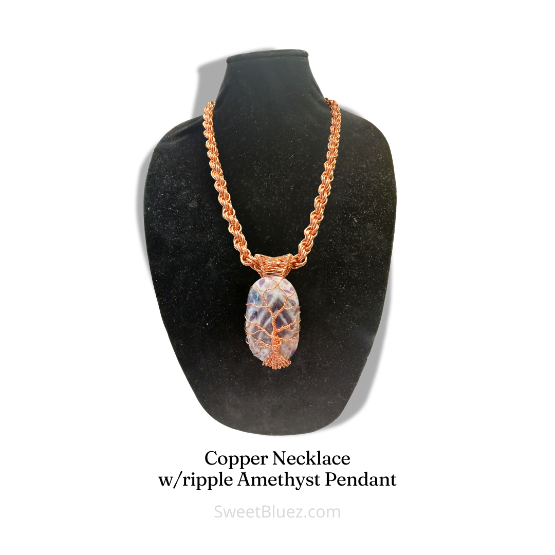 24" Copper Necklace & ripple Amethyst Pendant