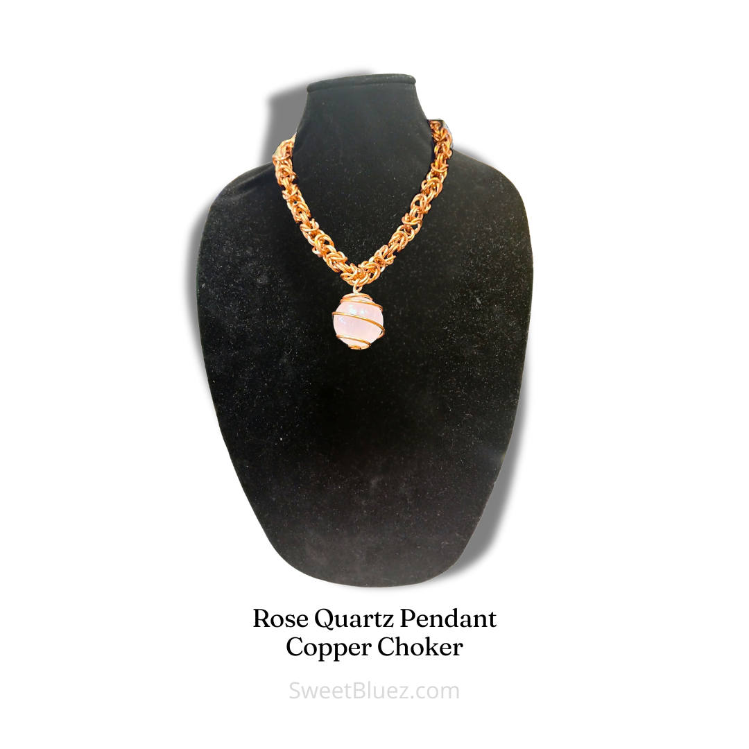 Copper jewelry, rose quartz, benefits of copper, benefits of rose quartz, handmade copper jewelry, Choker necklace, copper necklace