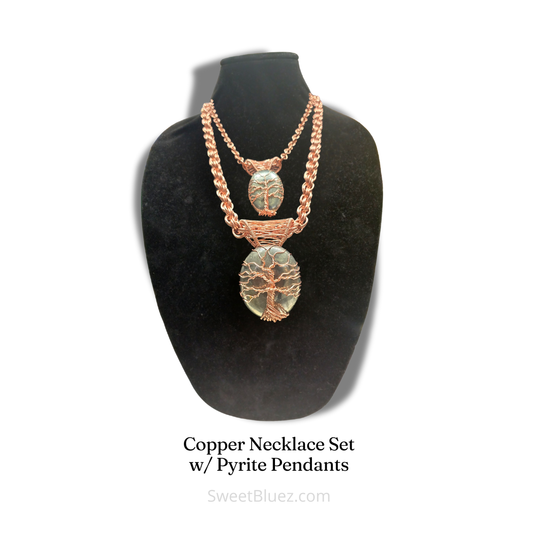 Pyrite, copper necklace, copper jewelry, crystal jewelry, tree of life, benefits of copper, copper chain, jewelry set, benefits of pyrite