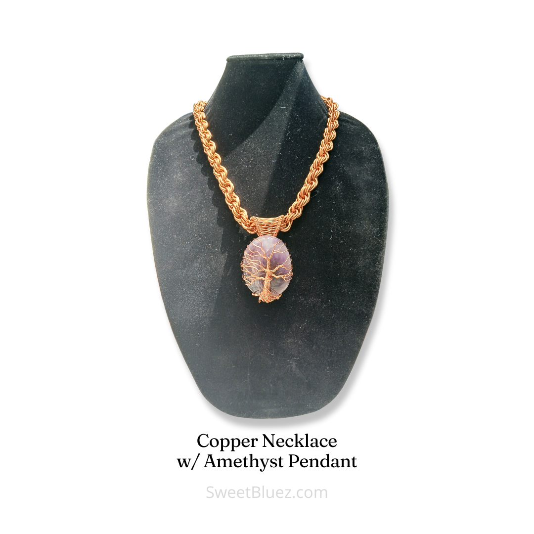 Amethyst, Copper Necklace, crystal jewelry, tree of life, Amethyst benefits, benefits of copper, copper link chain