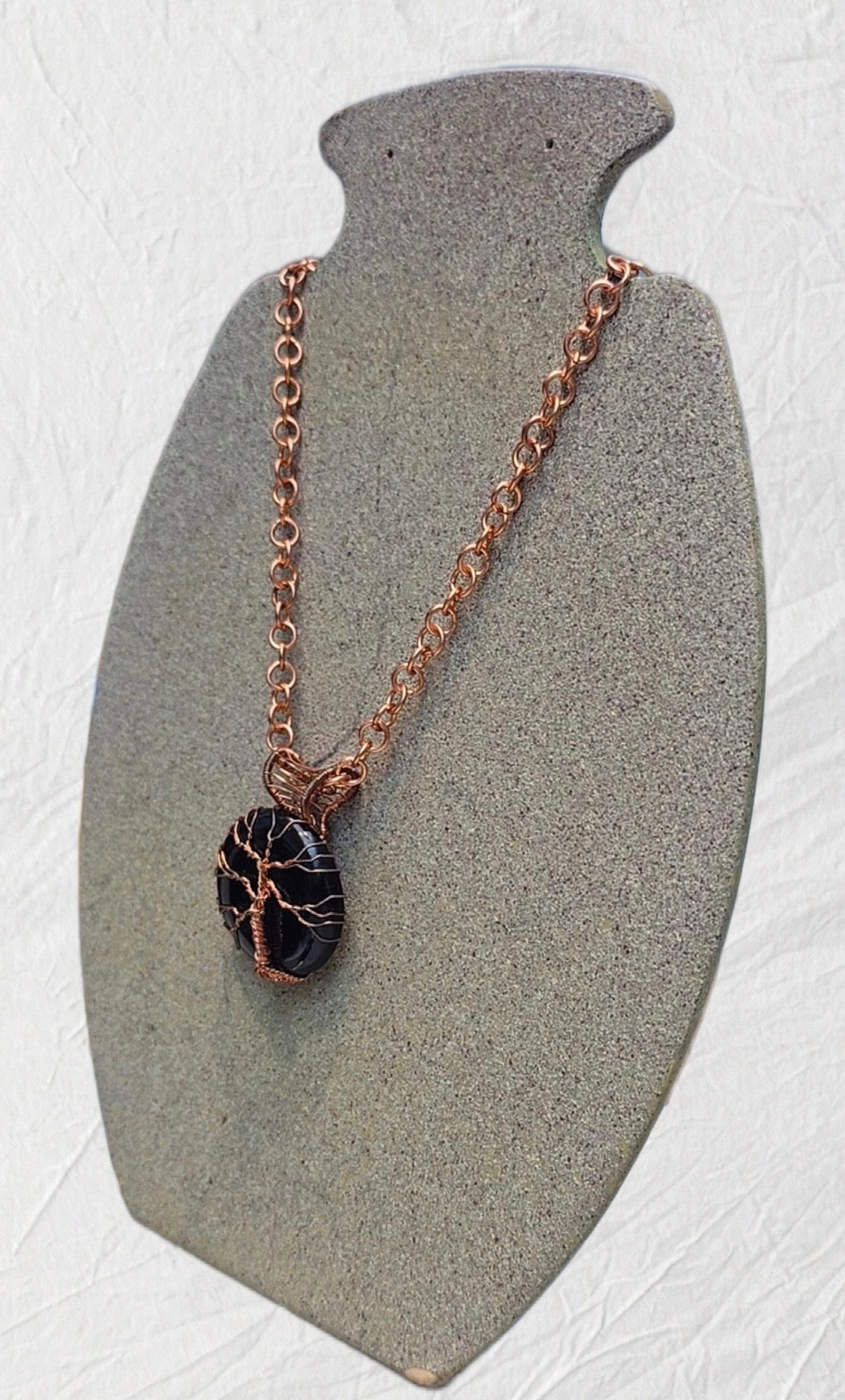18" Copper Link Chain & Black Onyx Tree of Life Circle Pendant