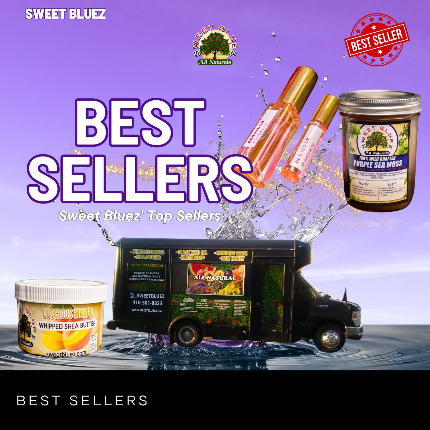 Sweet Bluez, wild crafted sea moss, black seed oil, tongkat ali honey, shilajat, minerals, vitamins, soursop, natural fragrances, natural soaps, natural deodorant, purple seamoss, dem sugar, grown & sexy perfume