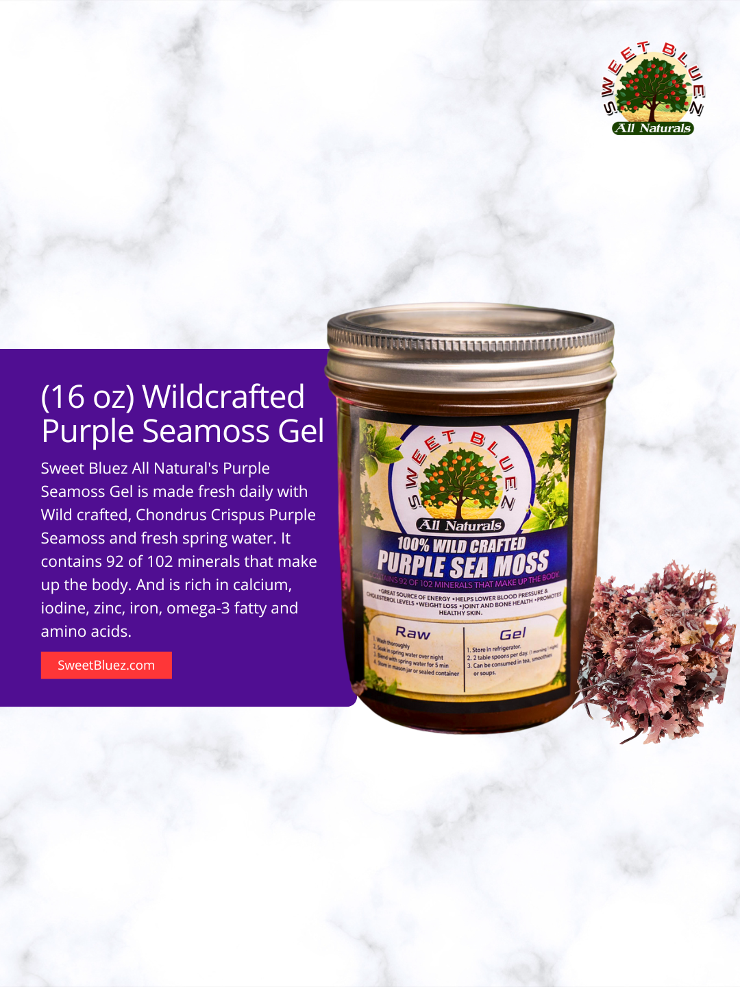 purple wild crafted sea moss, chondrus crispus, seamoss gel, omega 3 fatty acids, minerals