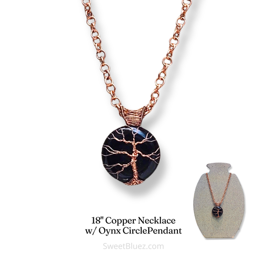 18" Copper Link Chain & Black Onyx Tree of Life Circle Pendant