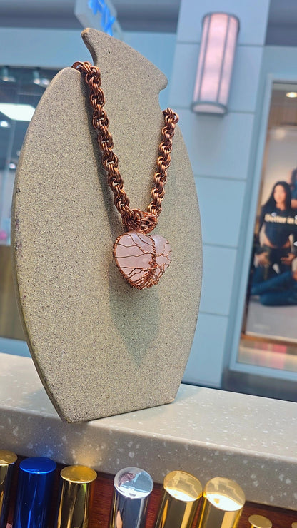 Copper Wrapped Rose Quartz Heart Shape With Necklace