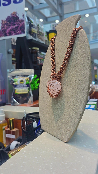 Copper Wrapped Rose Quartz Heart Shape With Necklace