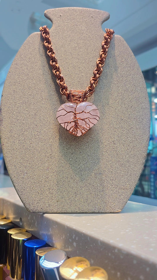 Copper Wrapped Rose Quartz Heart Shape With Necklace