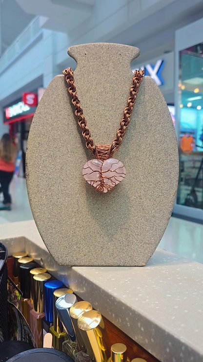 Copper Wrapped Rose Quartz Heart Shape With Necklace