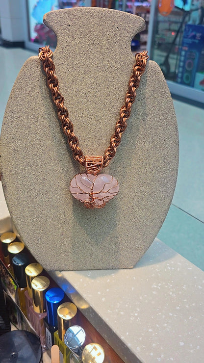 Copper Wrapped Rose Quartz Heart Shape With Necklace